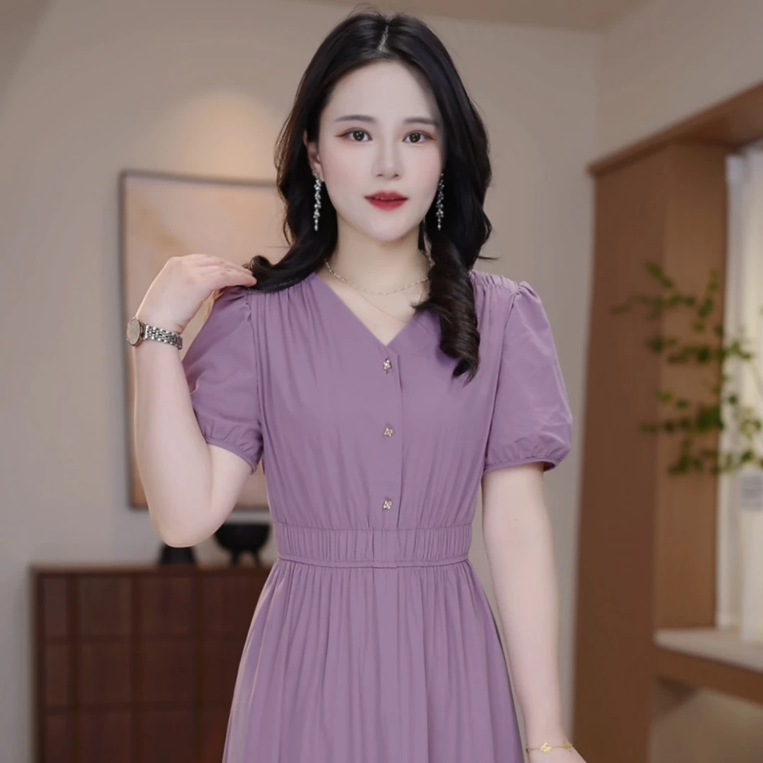 【新款-888】夏季紫罗兰短袖连衣裙优雅气质时尚减龄收腰显瘦