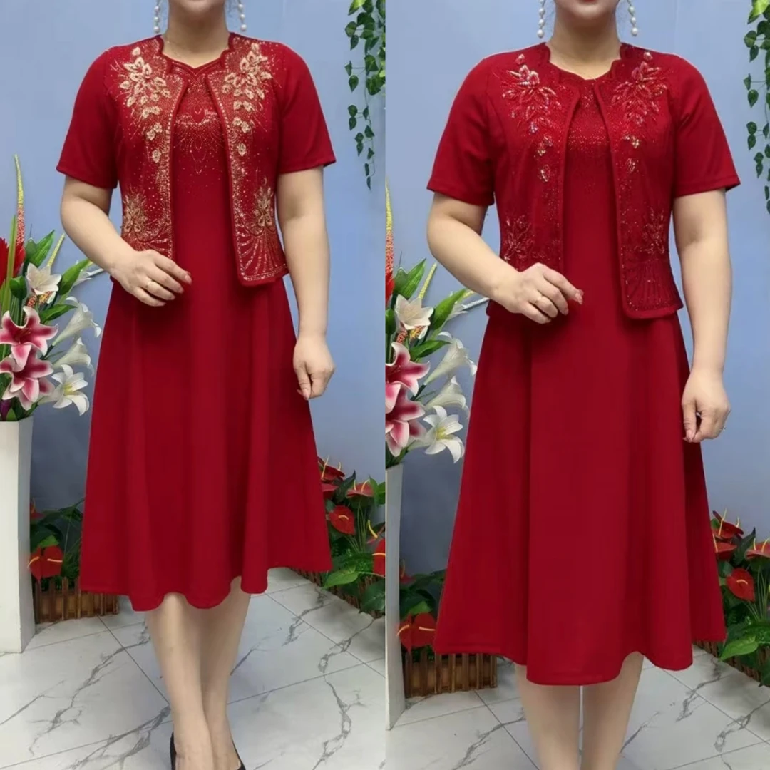 高端妈妈婚宴礼服两件套时尚年轻感春夏短袖连衣裙