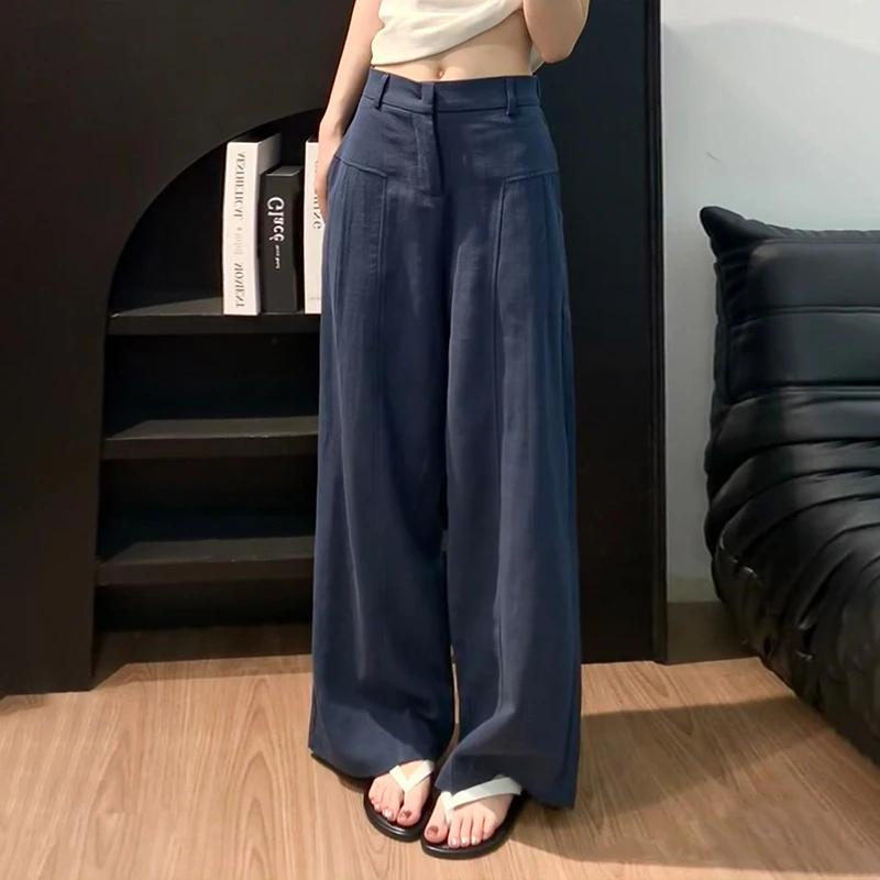 藏青色亚麻苎麻阔腿裤女夏季薄款高腰老钱风直筒棉麻休闲西装裤子