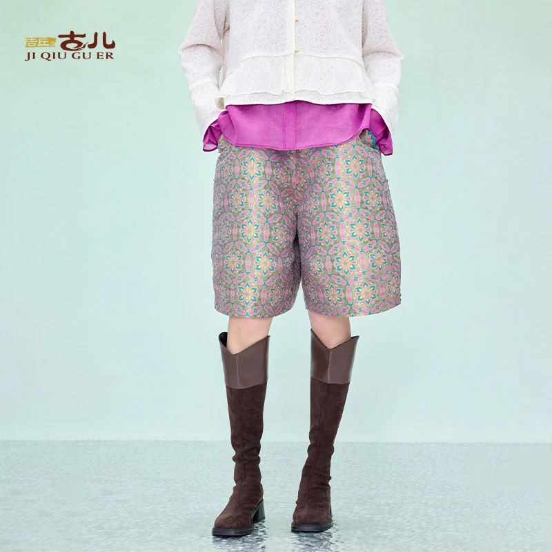 吉丘古儿华彩中式提花短裤宽松茧型百搭减龄显瘦六分裤子G251K007