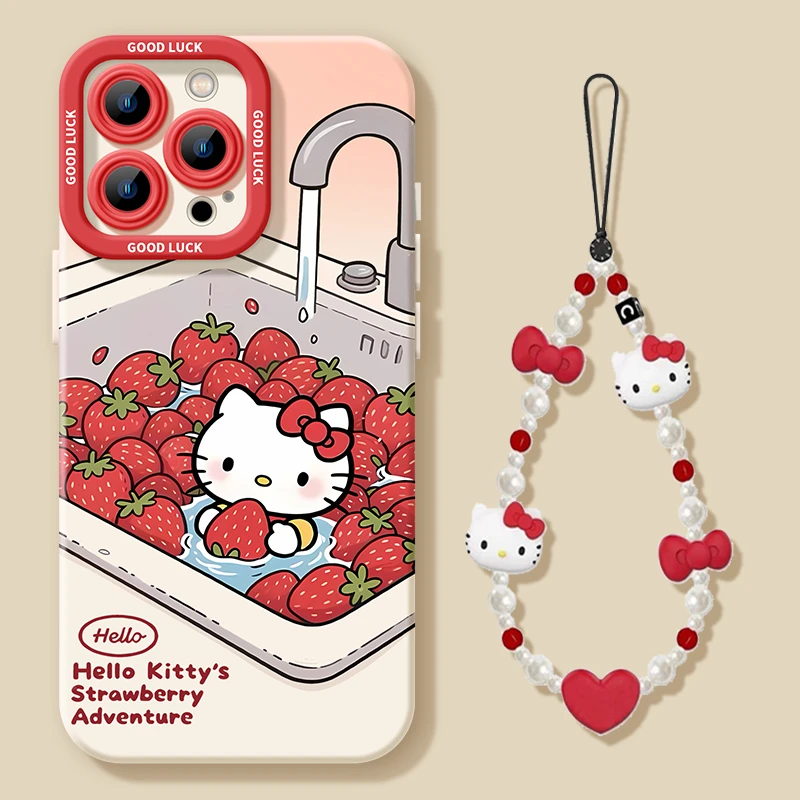 草莓kt猫适用苹果16手机壳16promax可爱卡通苹果13夏日羽纱软壳