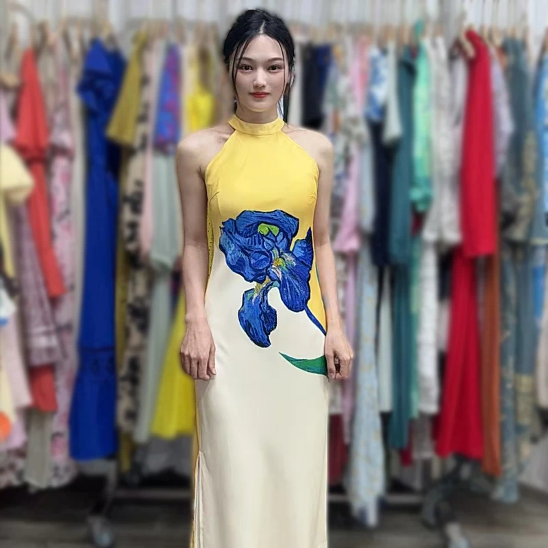 欧美挂脖连衣裙女外贸修身长裙显身材气质减龄百搭印花时尚裙子