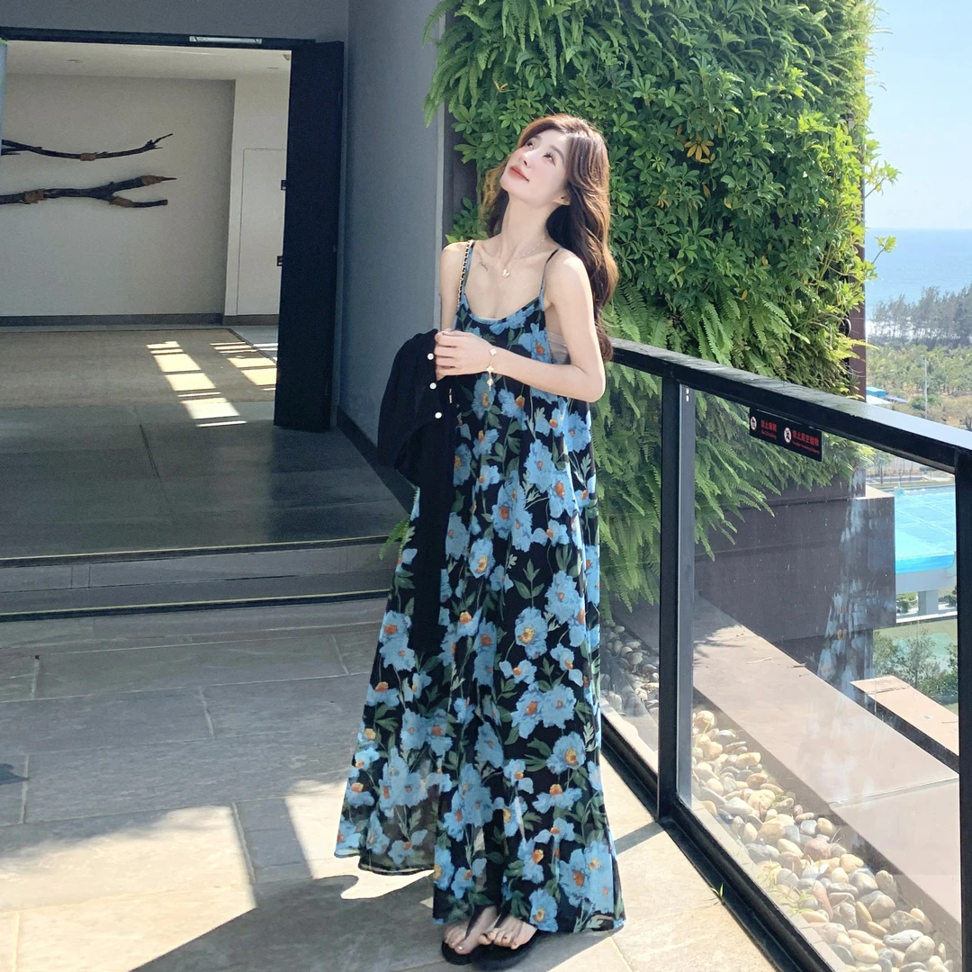 温柔显瘦小衫海边度假印花吊带长裙夏季新款浪漫两件套连衣裙女春