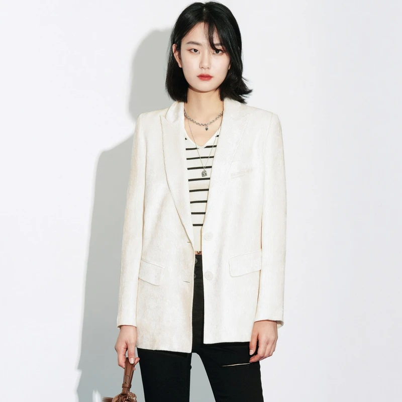 U/TI设计师白色经典简约显瘦条绒西装外套