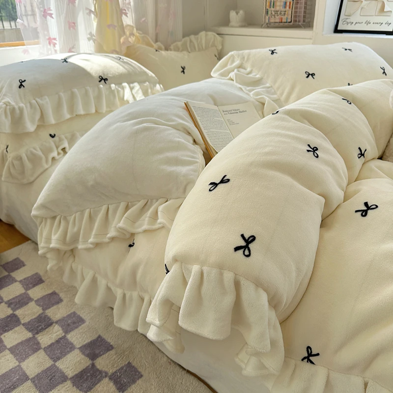 韩版牛奶绒床上四件套公主风花边被套冬季加厚珊瑚绒床单人床品三