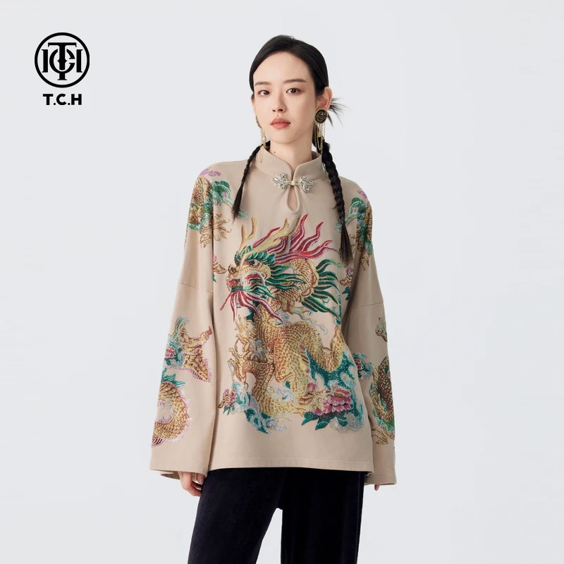 TCH轻奢烫钻工艺气质新中式立领长袖宽松T恤女T72C116079私服tch