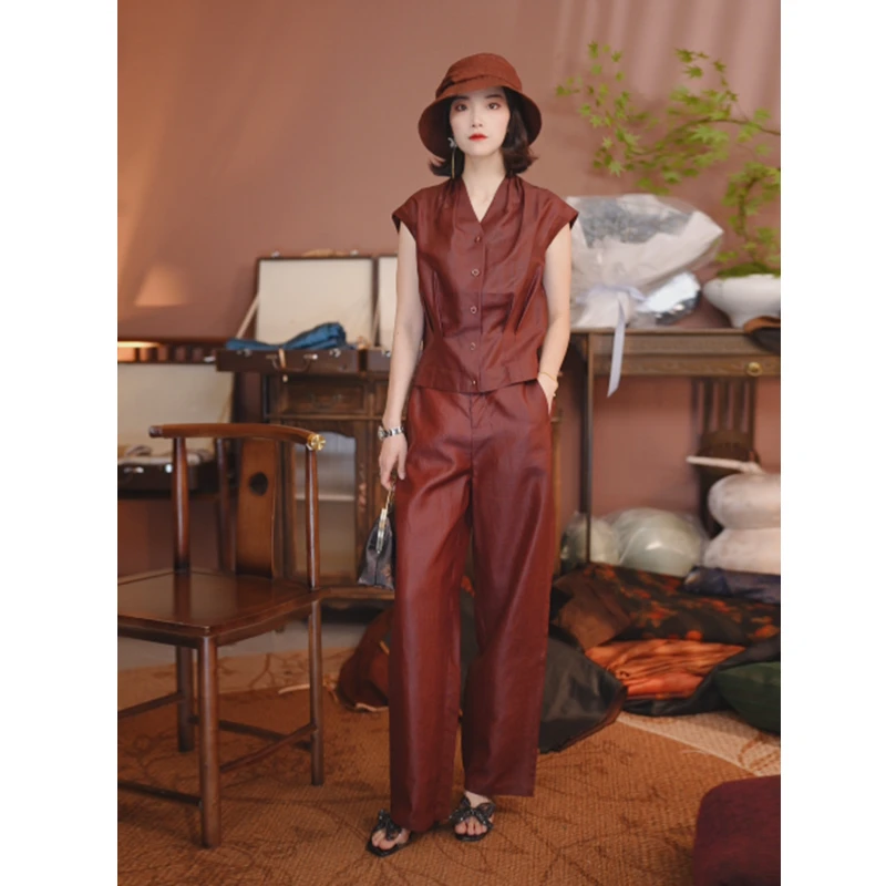 【上衣】高端非遗红香云纱真丝短袖上衣桑蚕丝夏季短袖女装