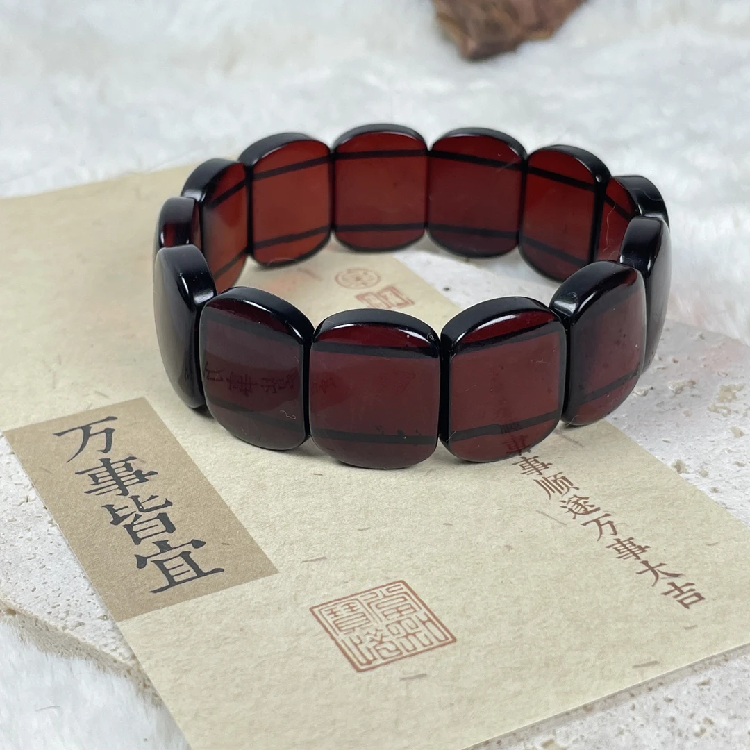 芷桦珠宝天然-缅甸血珀手排方牌平安无事弹力手镯复古红色百搭