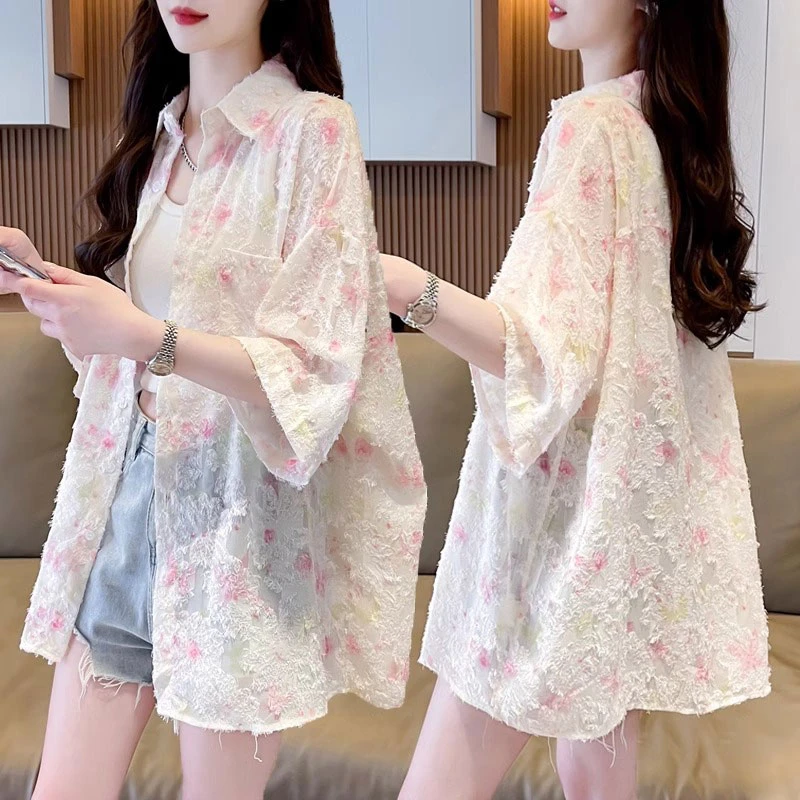 冰丝薄款雪纺衬衫防晒衣女夏季韩版宽松大码防晒服开衫上衣服外套