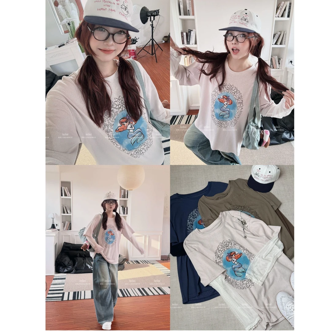 晶咕【美人鱼T！】假两件宽松胸前美人鱼图案T恤上衣