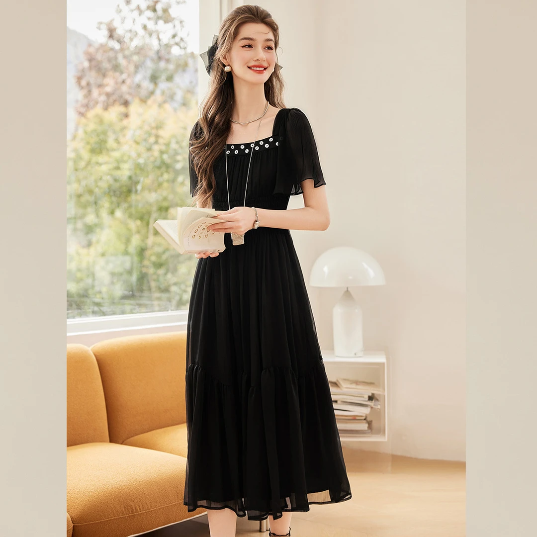 【商场同款新品】白鹿语夏新款正肩小方领荷叶袖连衣裙WYU20174