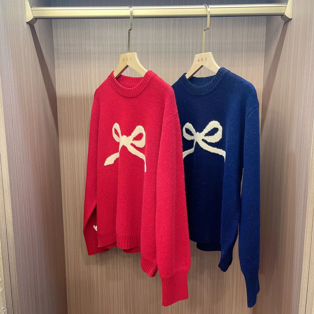 【品牌高货  100羊毛】秋冬新款七针加厚蝴蝶结百搭保暖羊毛衫Y2406