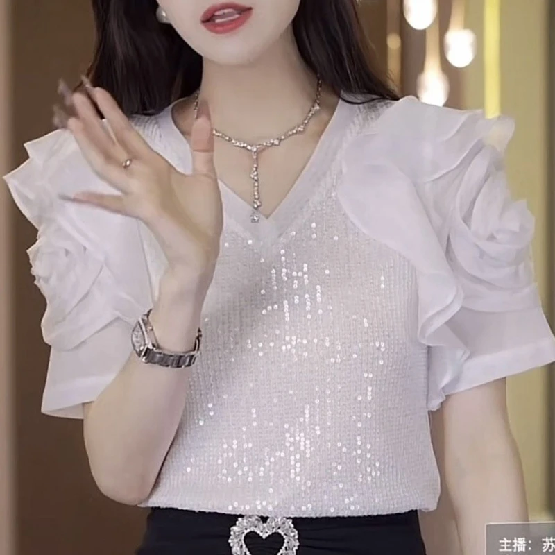 哥弟阿玛施正品气质闪闪亮片上衣潮新款法式百搭宽松显瘦短袖恤女