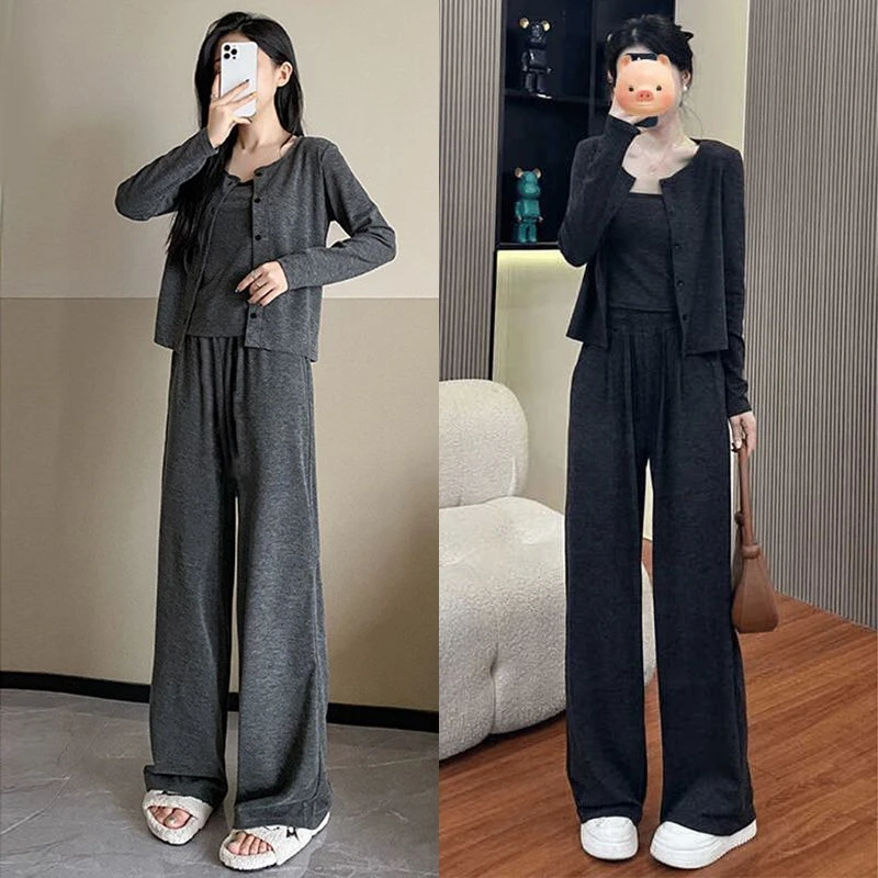 秋季新款韩系休闲风开衫吊带阔腿裤套装显瘦气质长袖