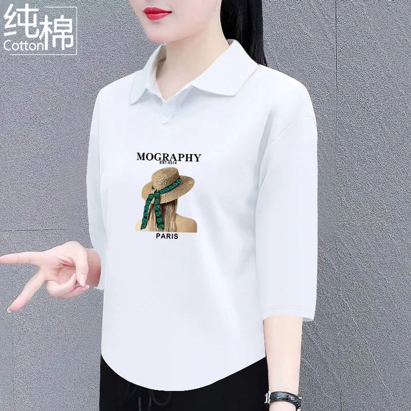 纯棉七分袖t恤女夏季新款翻领百搭宽松显瘦时尚洋polo领上衣