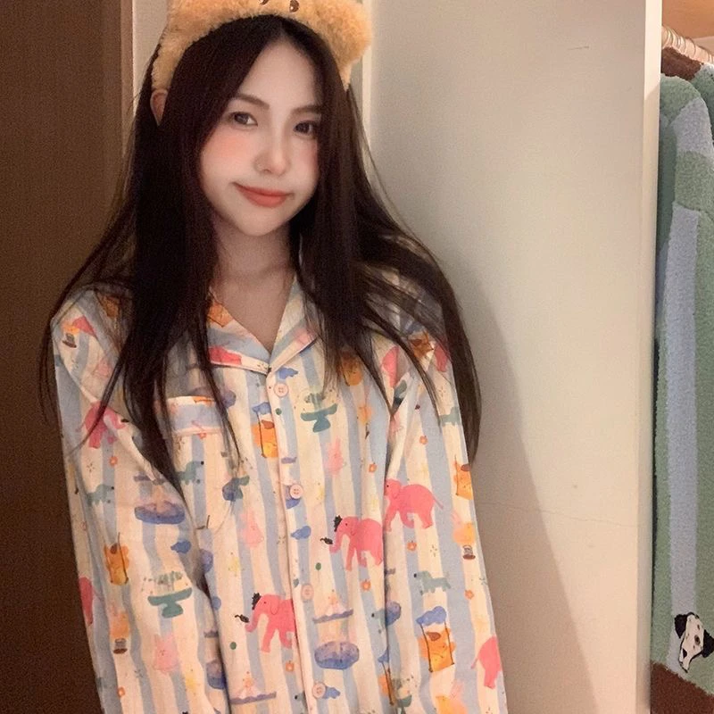 【条纹小象】纯棉长袖长款居家服秋冬新款潮牌棉质睡衣
