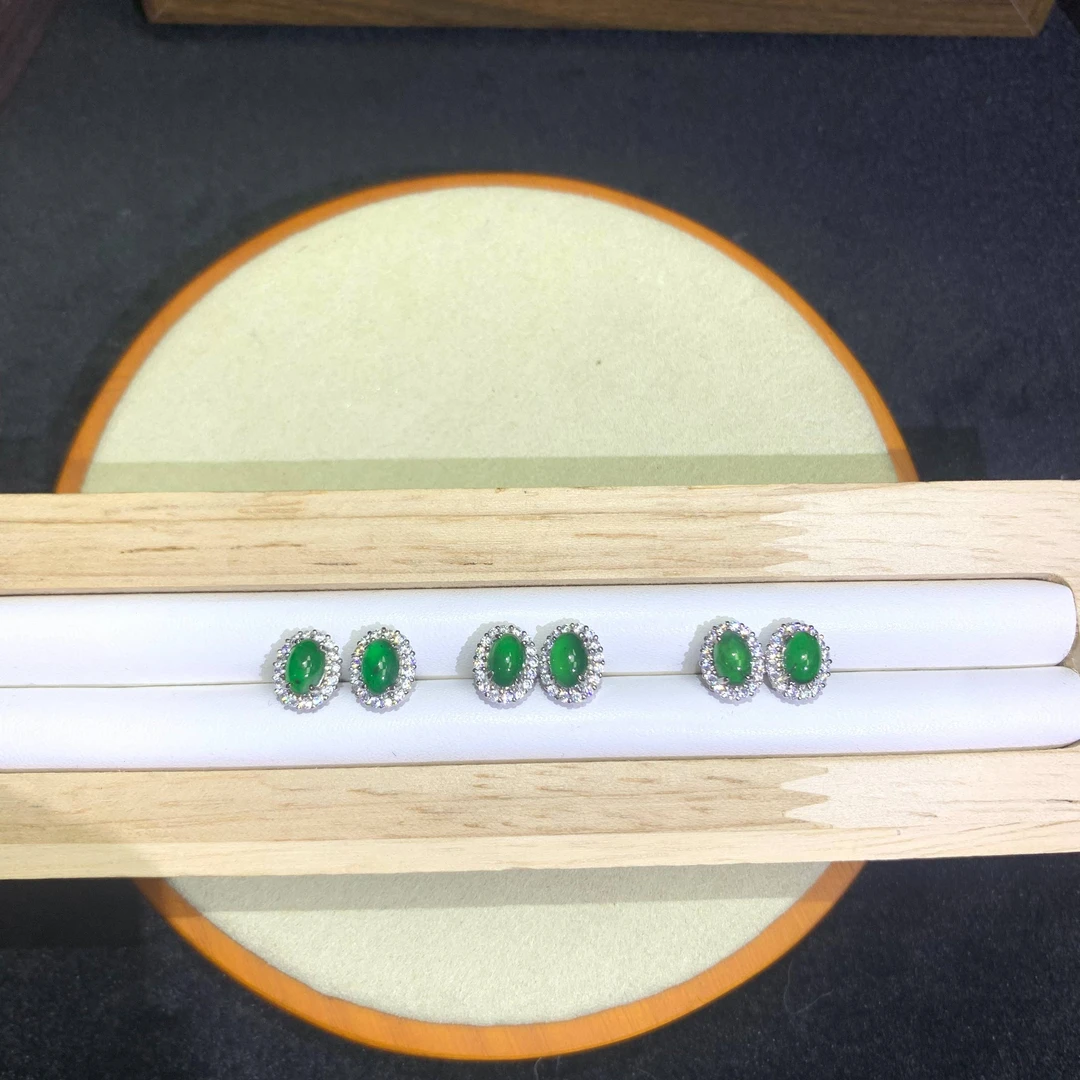 【福印珠宝】天然A货翡翠冰种满绿蛋面耳饰（YY）R105046多样性发一件