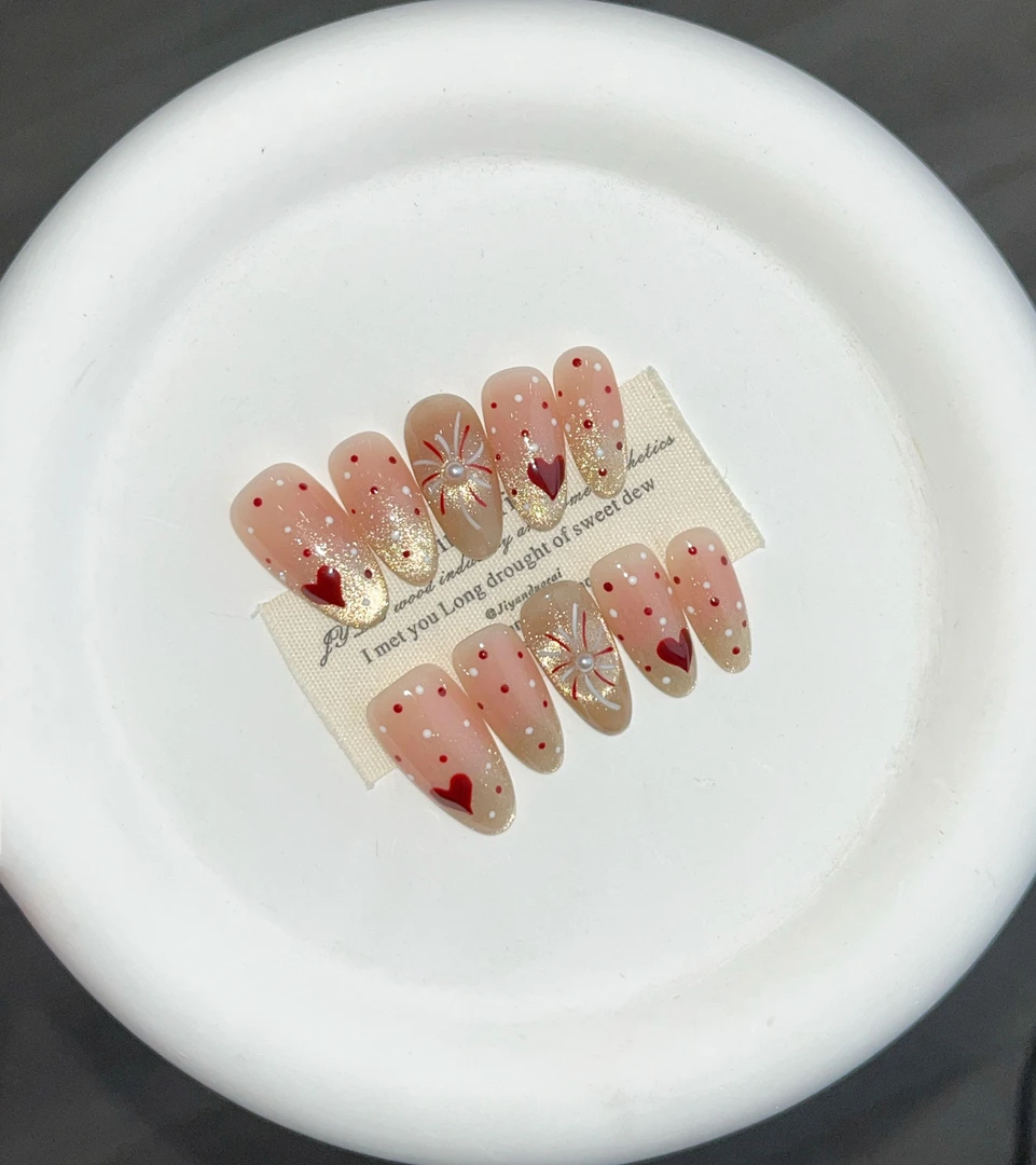 【心花怒放】珍珍手工穿戴甲猫眼渐变手绘烟花爱心可拆卸美甲贴片