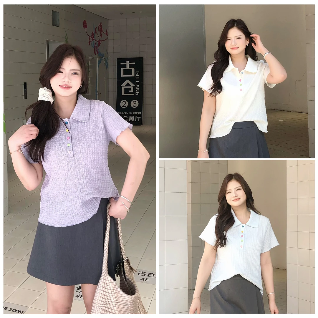 裂渡念念【七彩夏日】微胖大码夏POLO领彩色扣休闲短袖T恤ZY506P24