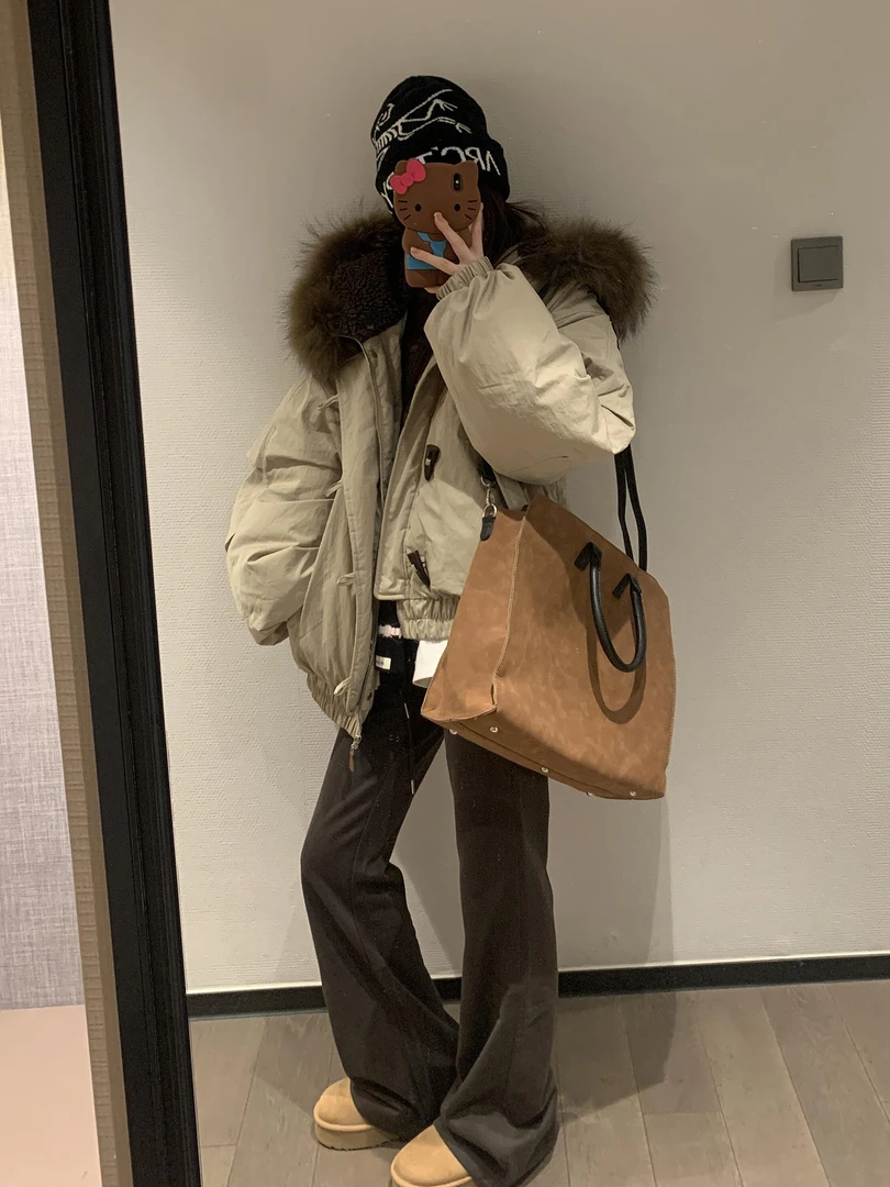 毛领牛角扣棉服女2025年新款美式复古派克保暖连帽秋冬季棉衣外套