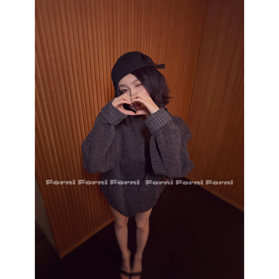 FORNI 老友日记 英伦风绅士老钱袖口拼接格纹圆领廓形卫衣