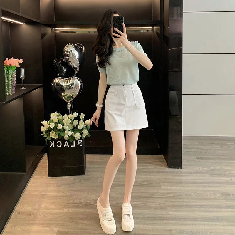 夏季新款时尚女名媛气质女神范冰蓝针织短袖上衣牛仔半身裙套装女