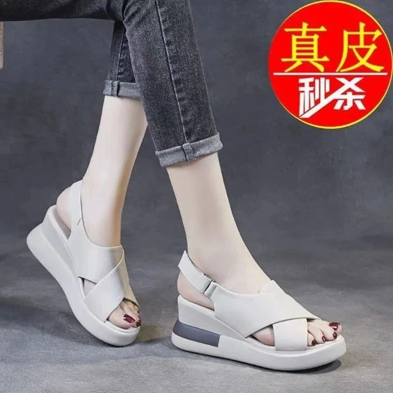 真软皮坡跟凉鞋厚底增高2025夏季款松糕中跟防滑鱼嘴鞋
