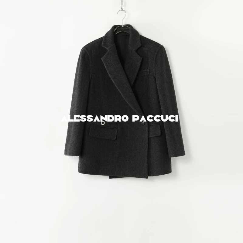 AP洛哥44053DY【黑标】意大利MARINI山羊绒翻驳领人字纹大衣24秋冬