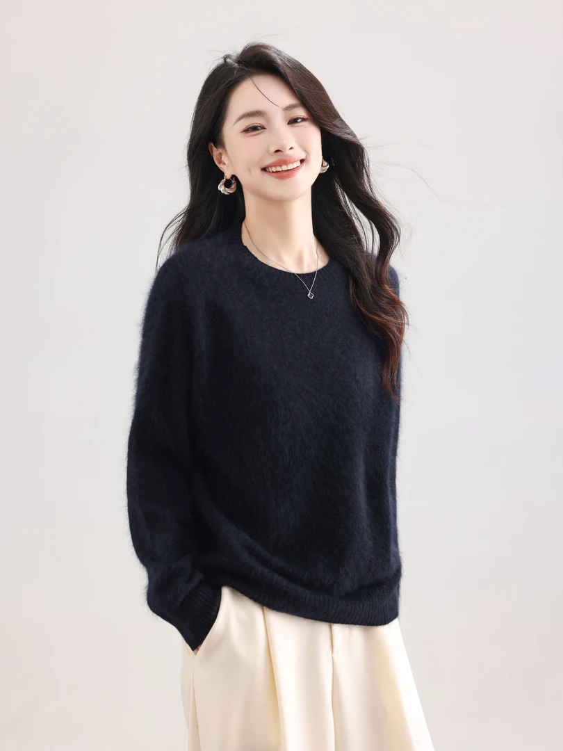 女士羊毛衫拉毛无缝圆领宽松针织衫慵懒毛衣内搭打底衫100%羊毛潮