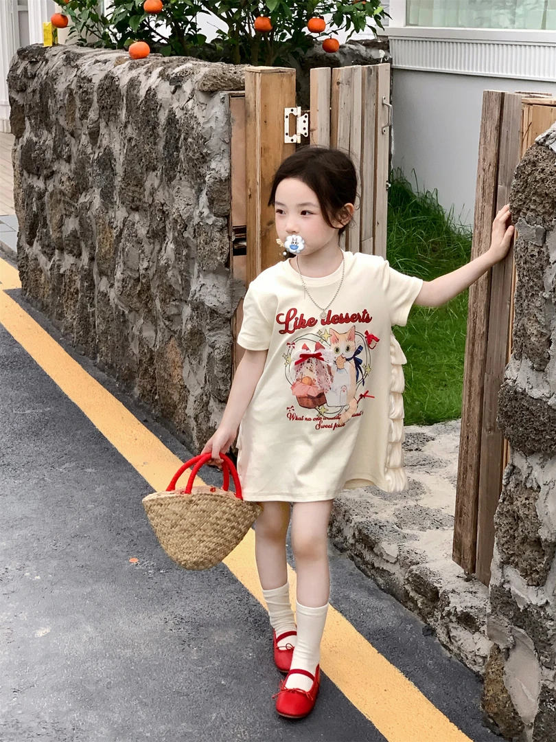 2025夏季新款女童洋气卡通猫咪纱纱连衣裙儿童中长款T恤裙休闲