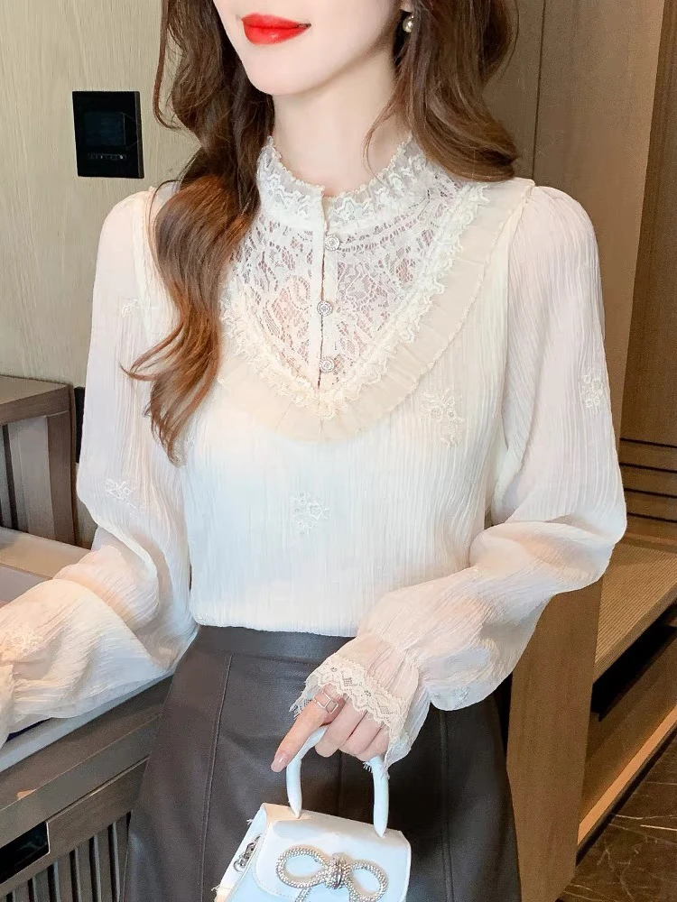 810#法式木耳边长袖蕾丝上衣女春