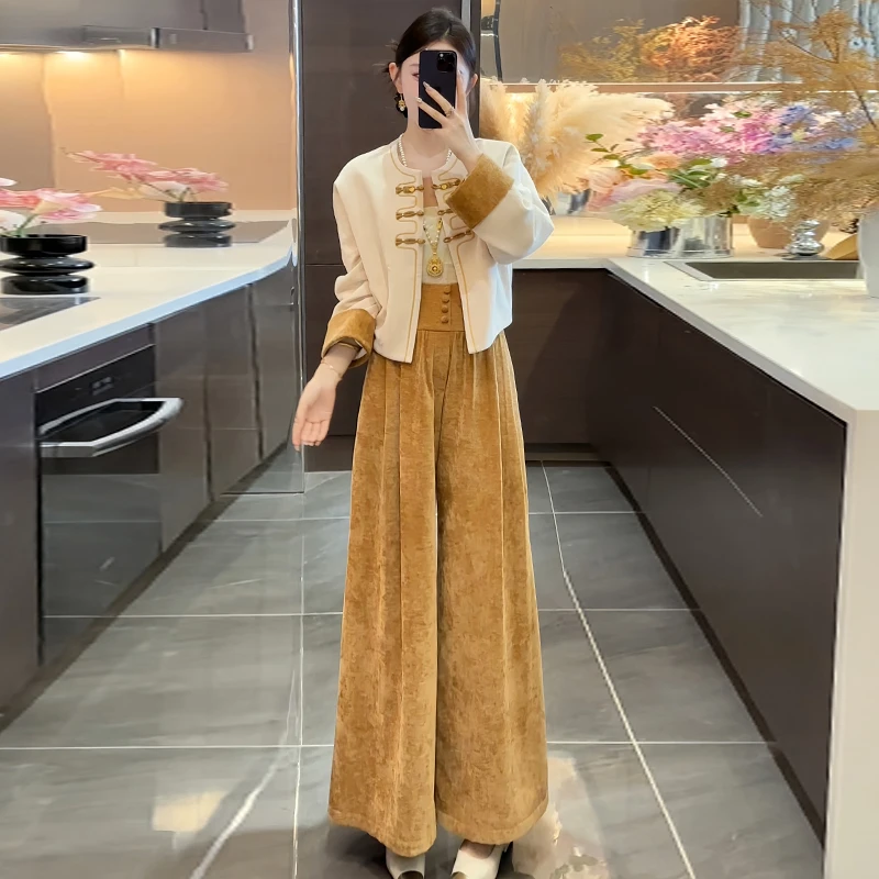 新中式国风休闲套装女2025年秋冬新款高级感盘扣外套阔腿裤两件套
