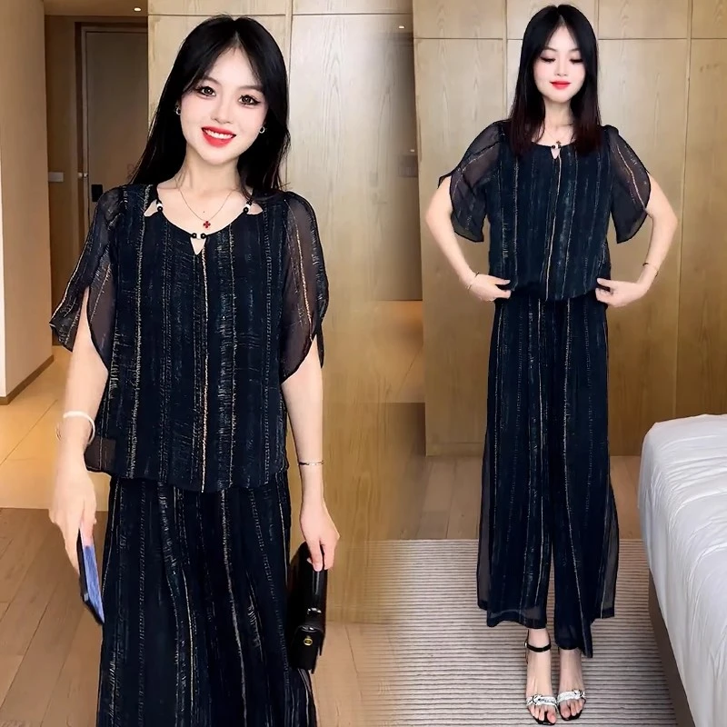 时尚气质套装女夏季新款洋气显瘦冰丝雪纺短袖上衣阔腿裤两件套