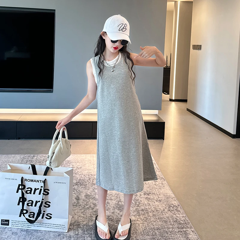 女童夏季连衣裙2025新款儿童韩版假两件背心裙小女孩夏装洋气裙子