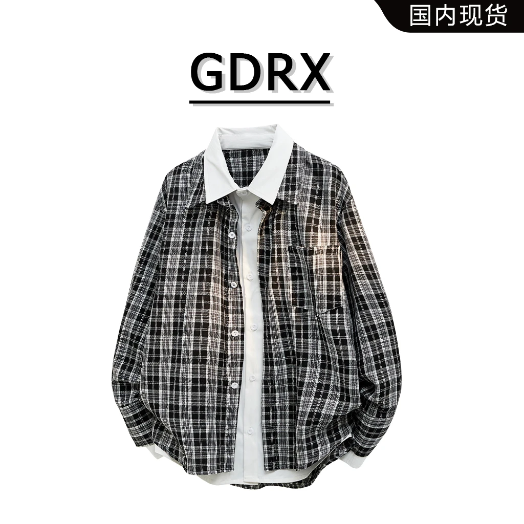GDRX日系复古格子长袖衬衫男2025秋季新款假两件宽松时尚小众外套