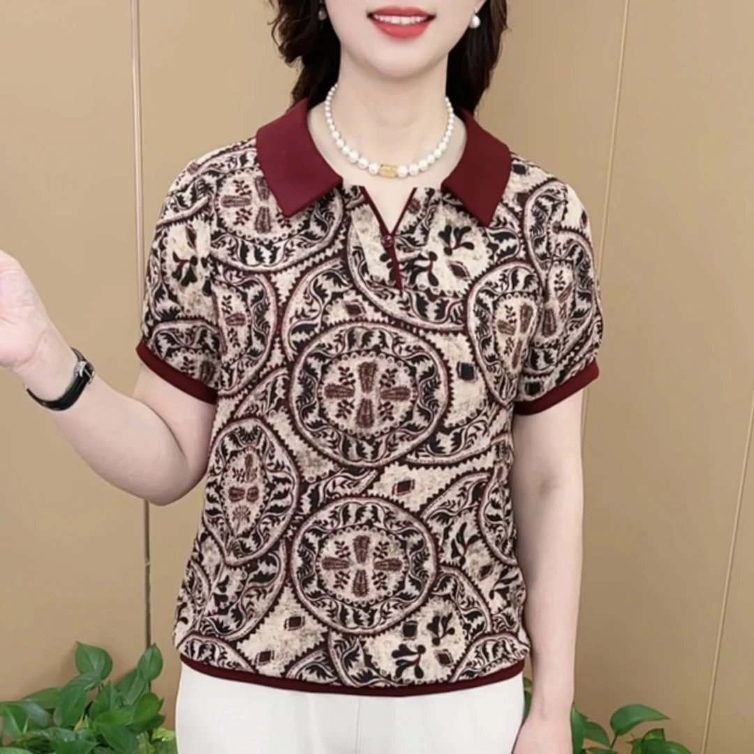 夏季新款时尚衬衫领洋气印花气质妈妈装休闲百搭短袖上衣K103