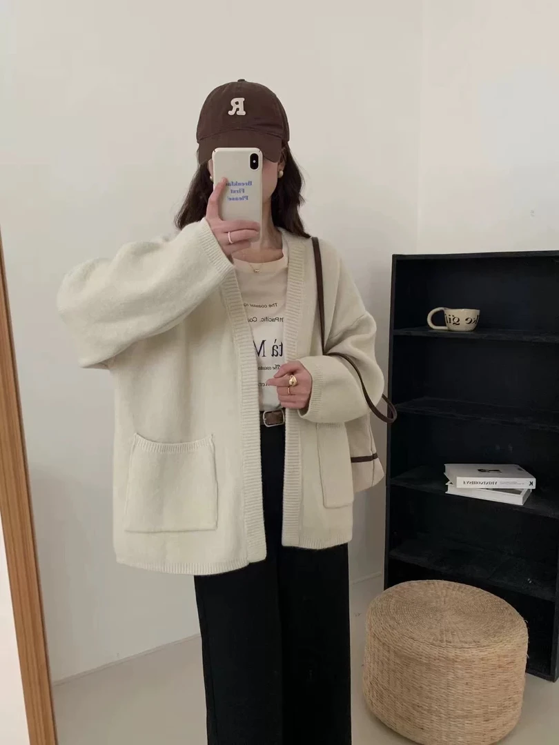 韩系宽松慵懒风口袋针织开衫女2024秋冬新款简约外穿休闲毛衣7978