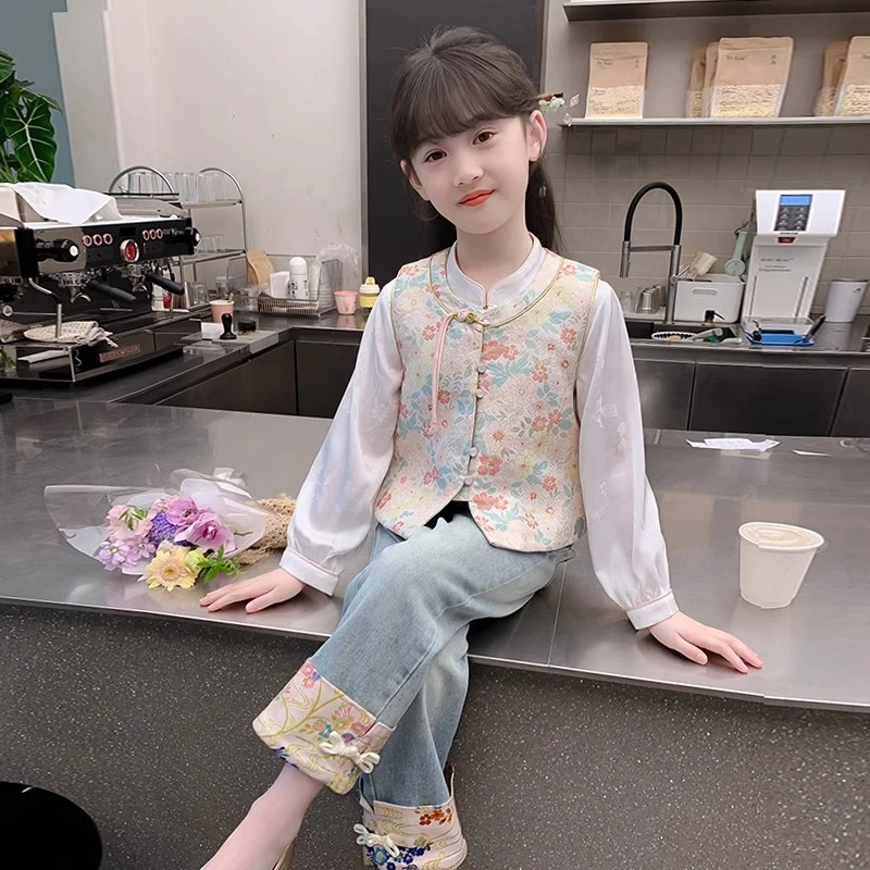 女童汉服2025新款春装儿童洋气国风中式套装春秋款女孩古风三件套