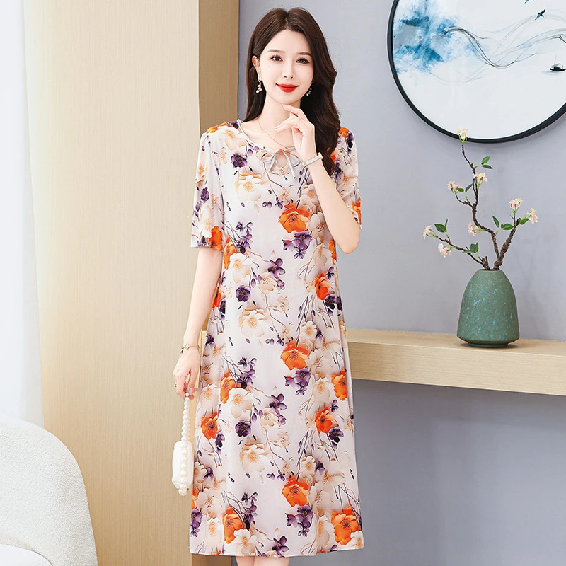 2025新款高级感棉绸连衣裙3D立体印花夏季短袖气质妈妈中老年裙子