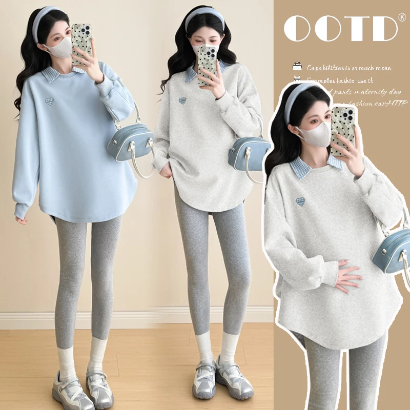 孕妇装秋冬季卫衣中长款刺绣拼接领长袖2025新款孕妇上衣
