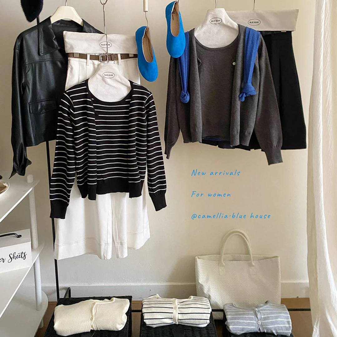 韩国简约高级撞色条纹假两件长袖针织衫女秋小众百搭休闲外穿上衣