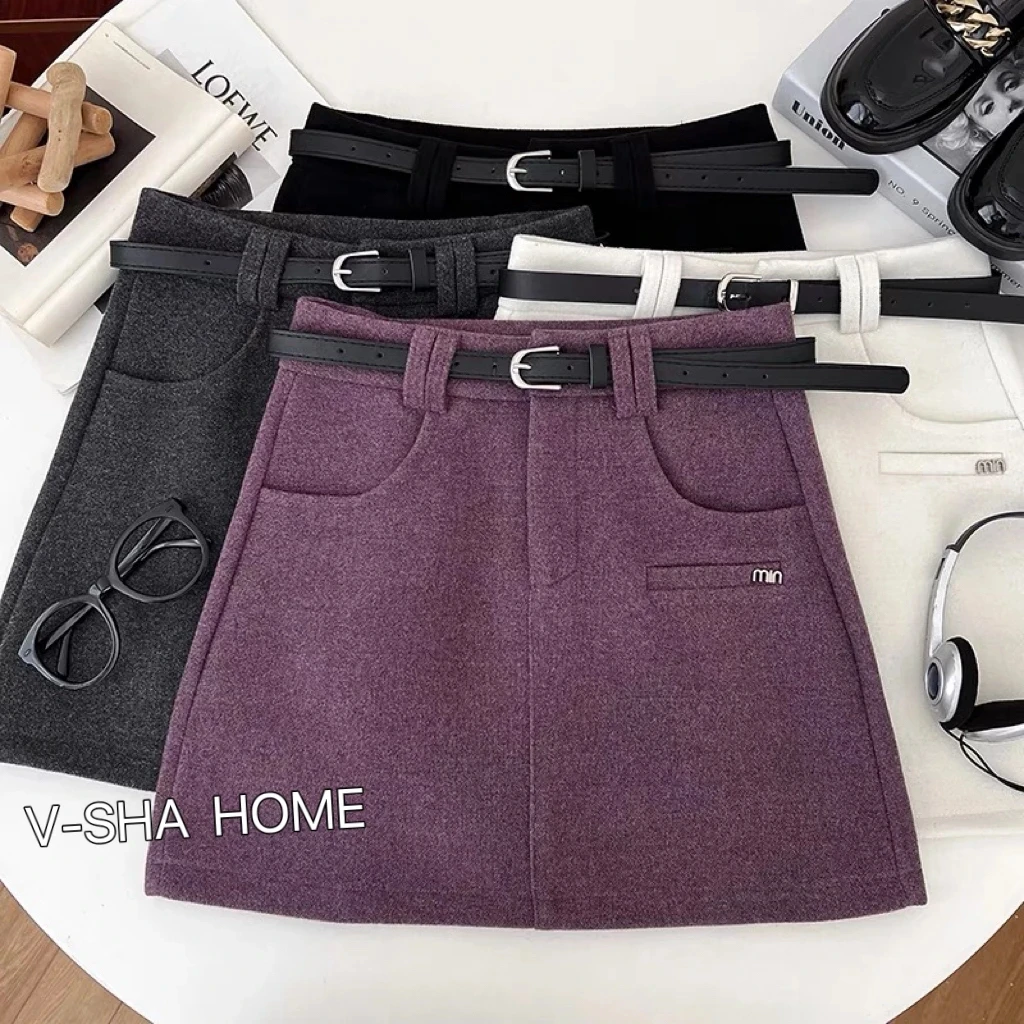 薇莎9066现货【金属字母】加厚毛呢秋冬包臀A字短裙配皮带