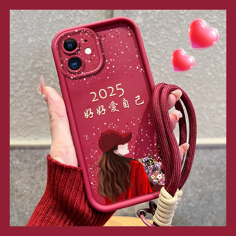 适用苹果11手机壳捧花爱自己磨砂硅胶防摔软壳红色女新款卡通2025