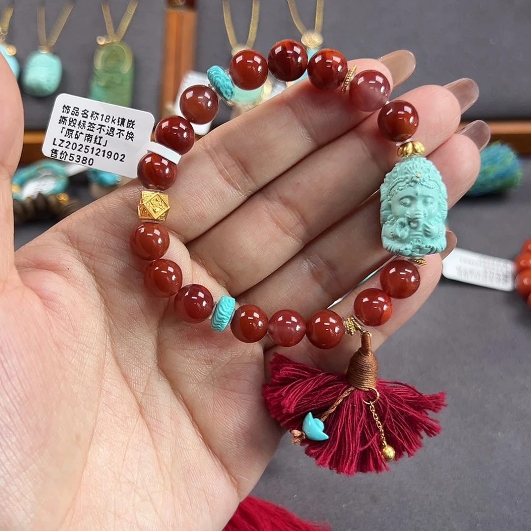 南红玛瑙18K金镶嵌手串原矿南红象神手串