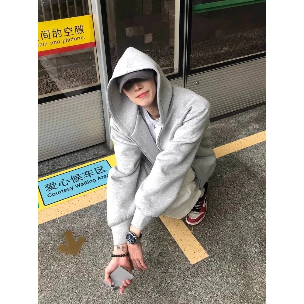 重磅开衫卫衣cleanfit双拉头连帽长袖春秋男上衣带帽纯色卫衣