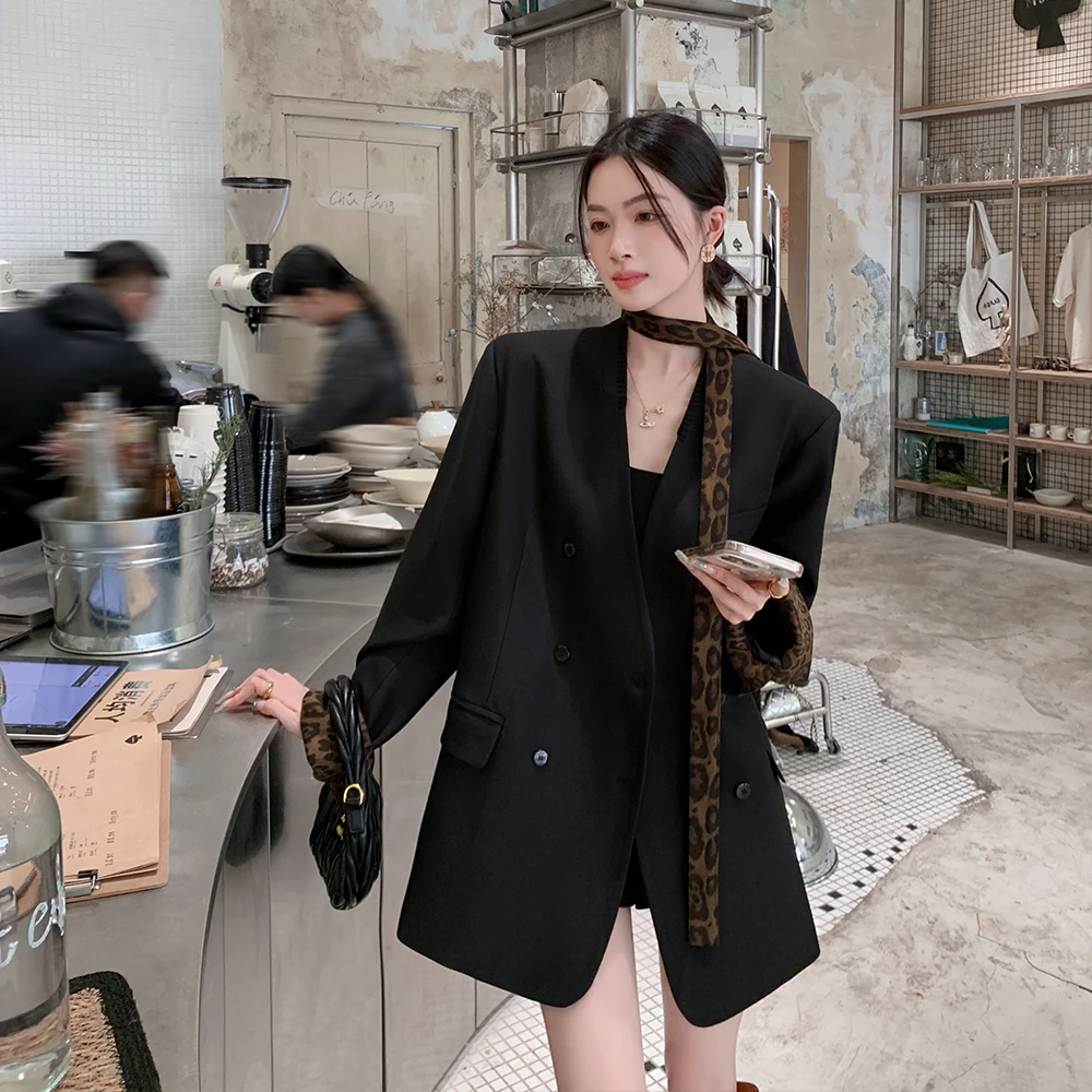 缤菓binguo 豹纹飘带翻边袖无领黑色西装女秋高级感宽松休闲外套