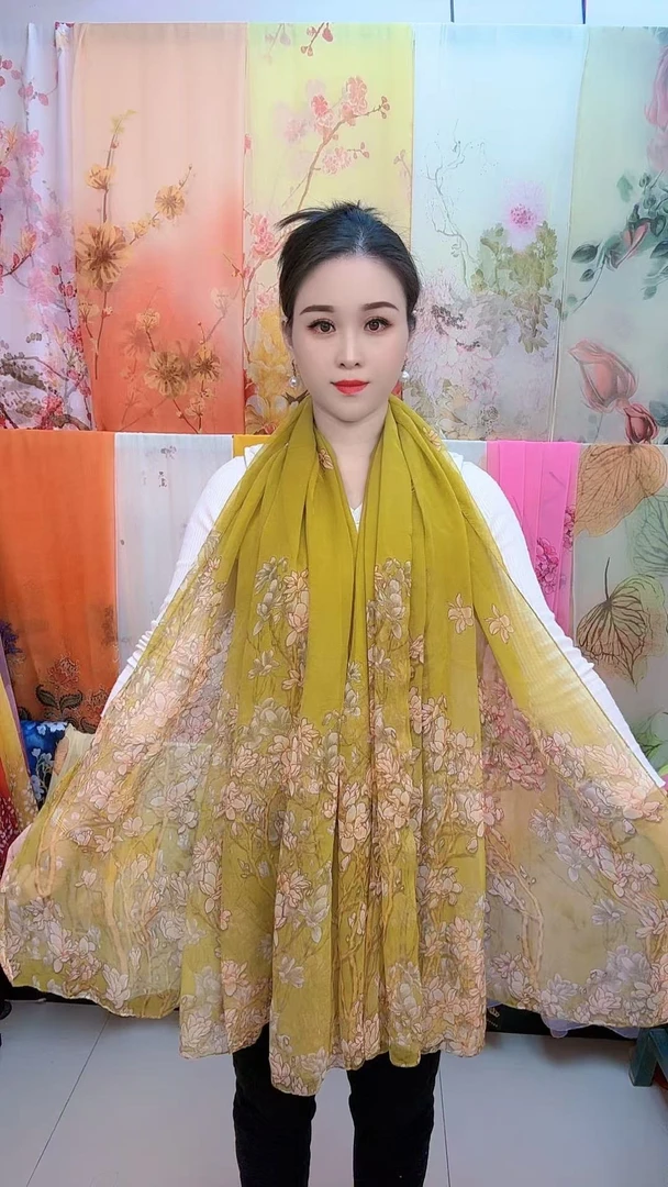 鳄鱼皱芥末绿小花海沙滩巾丝巾135X180