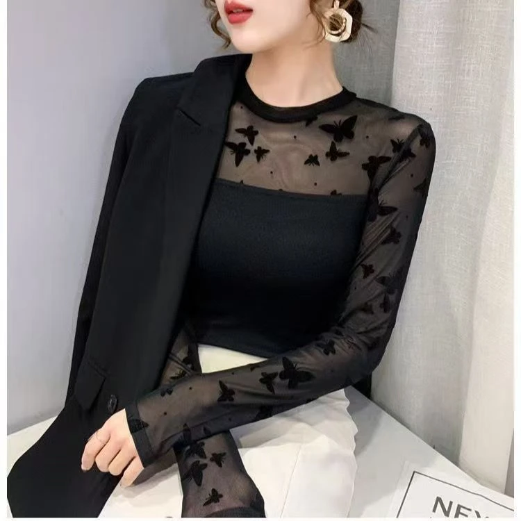 黑色春夏修身型女T恤修身蕾丝轻职风长袖植绒夏季