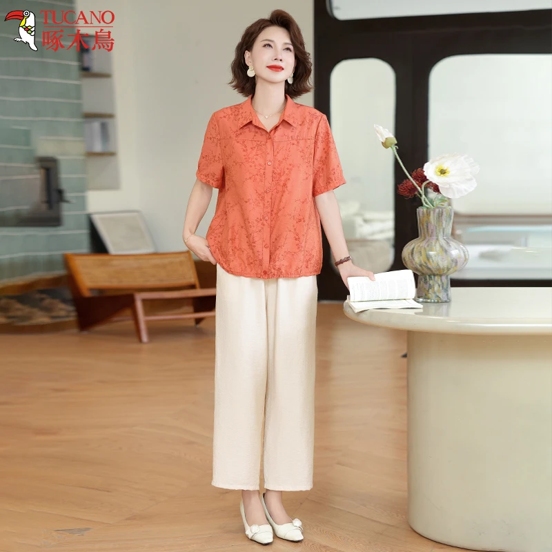 啄木鸟洋气妈妈夏装套装新款印花短袖衬衫中老年女薄款休闲两件套