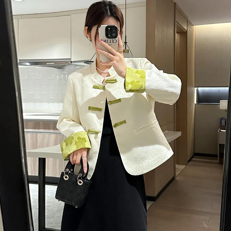 新中式提花盘扣国风外套女2025春秋新款小个子短款小香风上衣